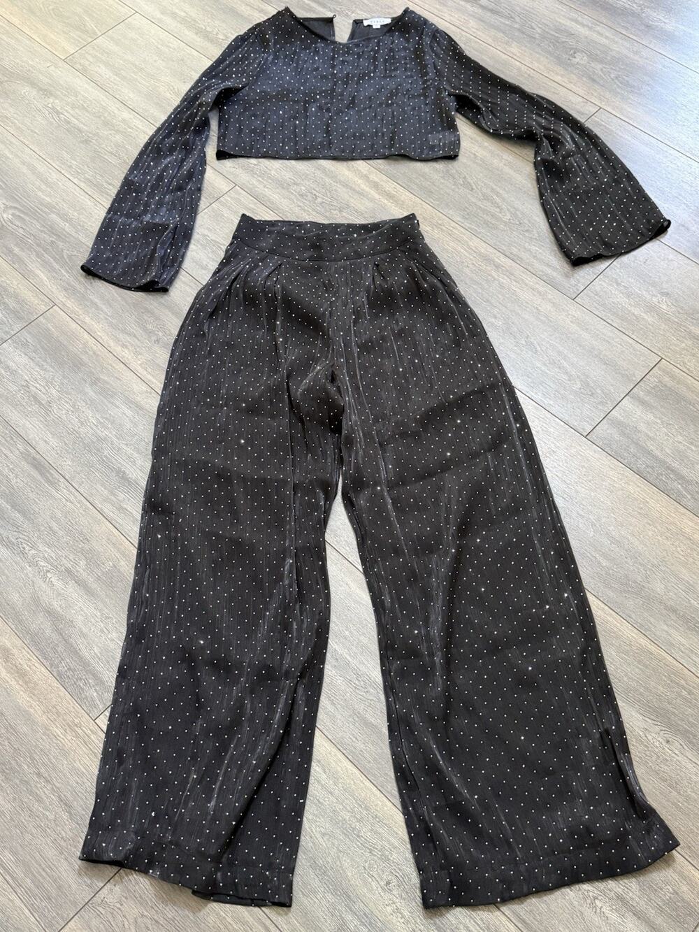 Mable Glitter Two Piece Set Wide Leg Sheer Pants Lined Cropped Long Sleeve Top